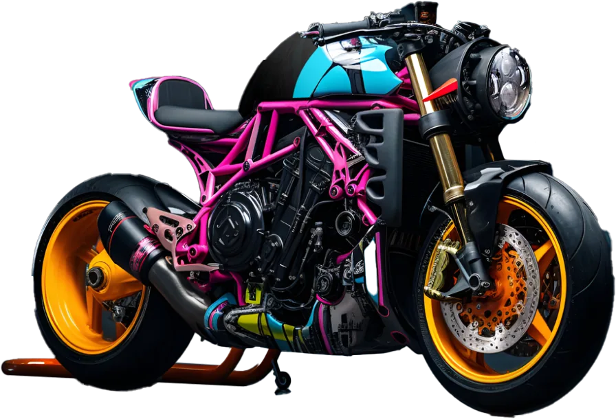 The CT-1 in a graffitied Taito City workshop, magenta frame and gold wheels lit against the wall.