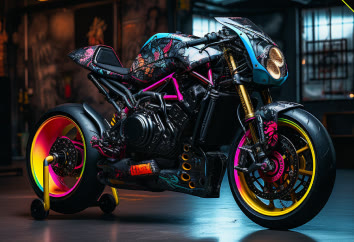 The CT-10 in black and teal with a magenta frame, its rear wheel lit red and gold.