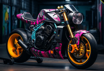 The CT-2 in pink and teal camouflage over a black frame, on orange wheels.