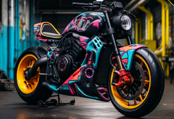 The CT-3 in teal and magenta panels with a red front brake and orange wheels.