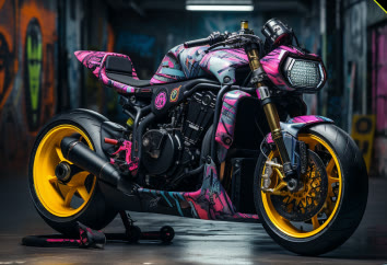 The CT-4 in mottled pink and grey with a gold fork and yellow wheels.