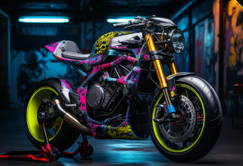 The CT-5 in a graffiti wrap of pink, yellow and blue, on lime wheels.