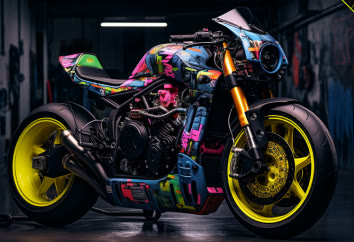 The CT-7 in dark multicolour spatter with a green seat unit, on yellow wheels.