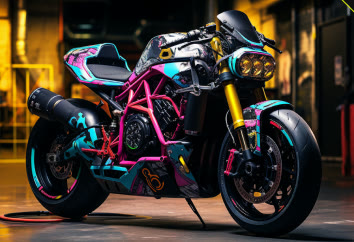 The CT-8 with a magenta trellis frame and teal bodywork, under warm workshop light.
