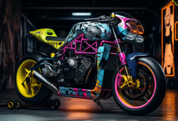 The CT-9 with a lime tail unit and magenta frame, on yellow and pink wheels.