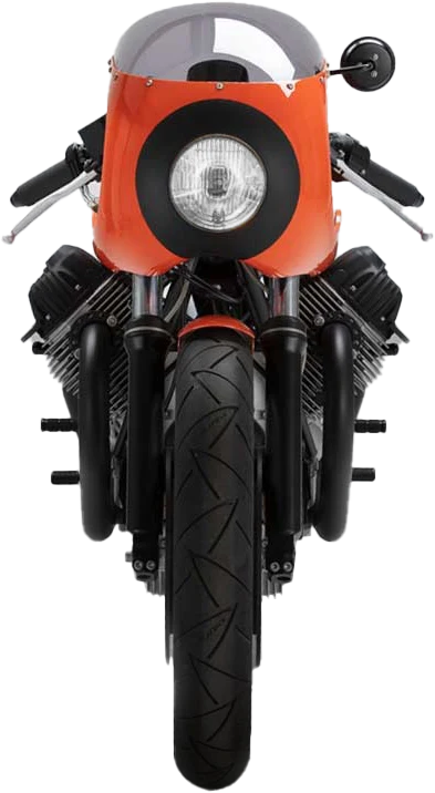 The CT-10 head on, an orange fairing and a single round headlight above a black frame.