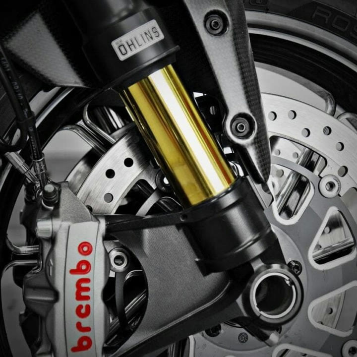 The front end in close-up: a gold fork leg, a red caliper and a drilled brake disc.