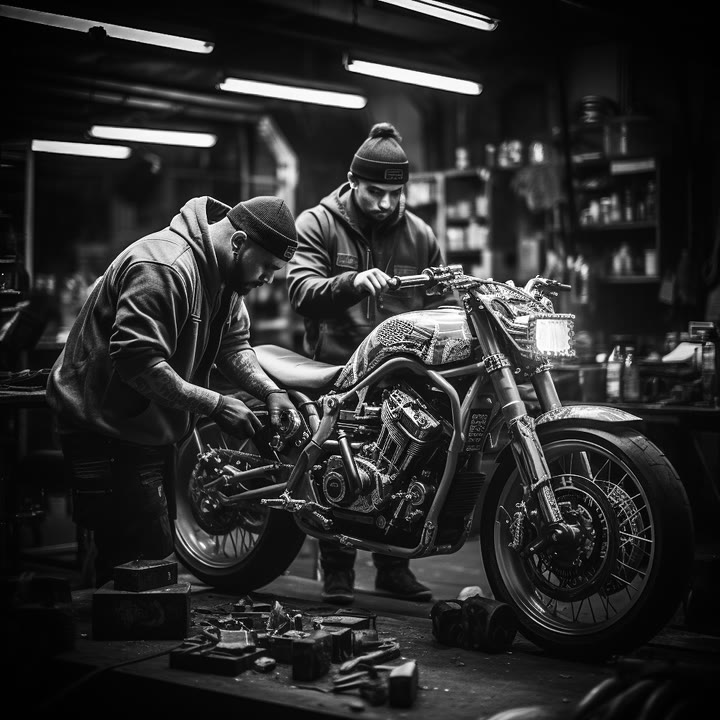 Two builders working on a bike under strip lights in the workshop, in black and white.