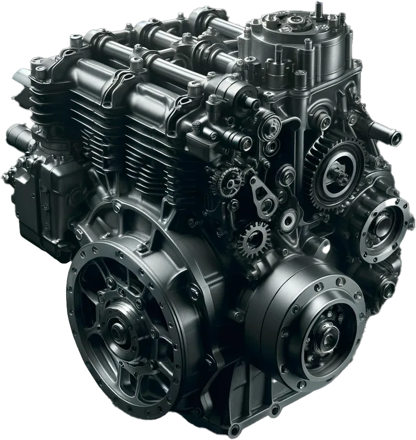 The Apex TurboX engine photographed alone against black, gears and cases exposed.