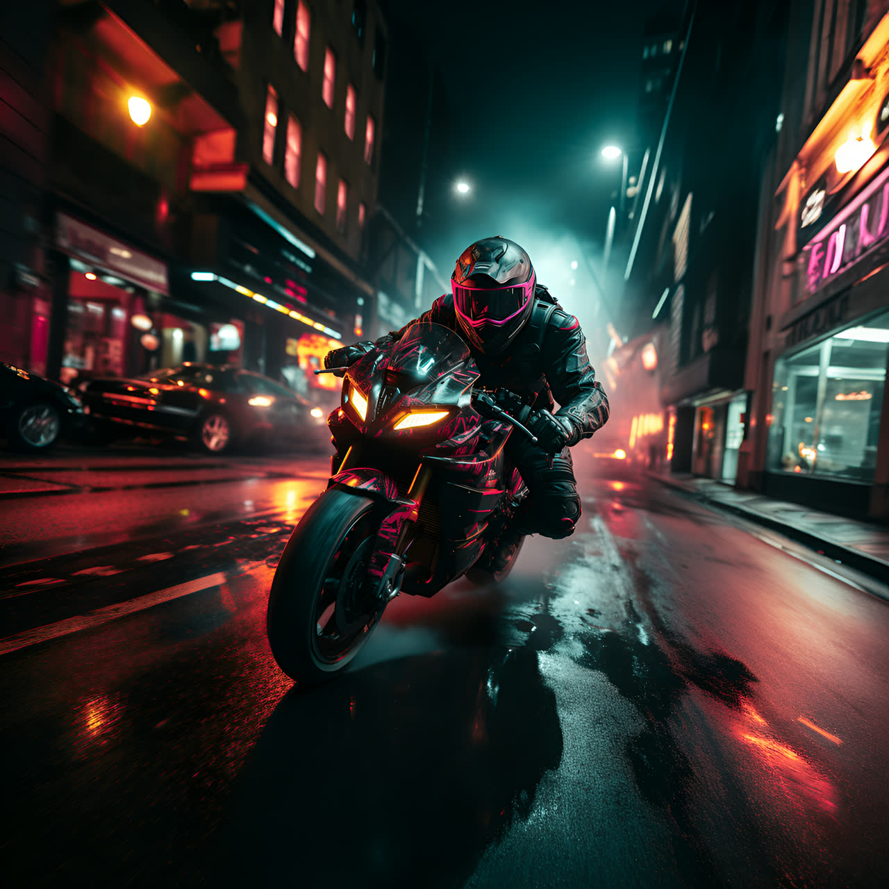 A rider leaning a lit motorcycle through a wet neon street at night.